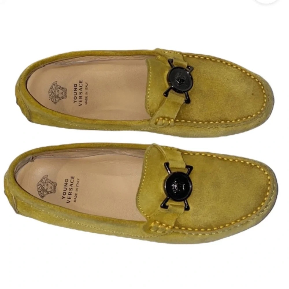 Authentic Versace luxury designer signature suede leather drivers loafers boys 2